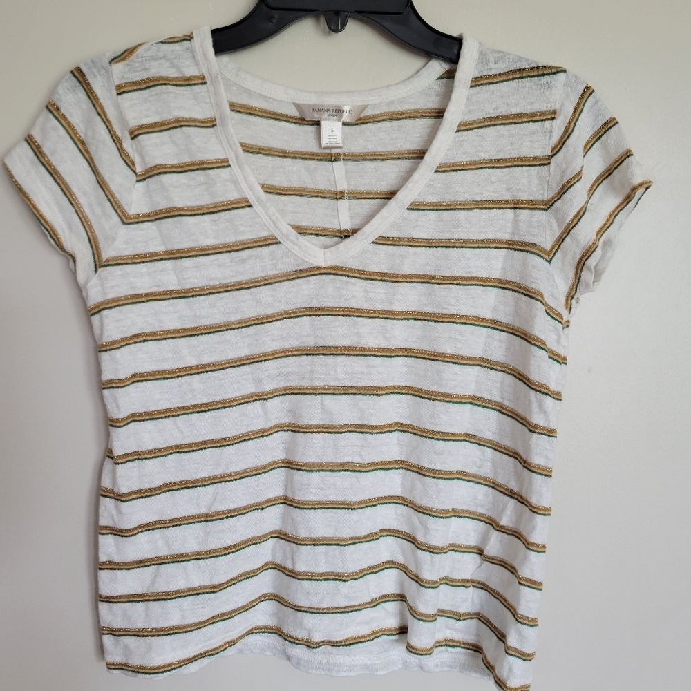 Banana Republic Women's Linen Blend Striped Cropped Tee Size Small